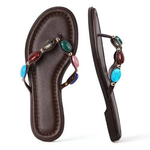 Image of DREAMSTORY Womens Beaded Flip Flops Beach Jeweled Thong Sandals | Open Round Toe, Slip on, Colorful Gemstones Embellished, Fashionable Summer Beach Style, Casual Flat Studded Shoes