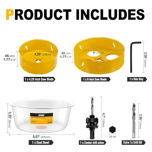 Image of KATA 6 & 4-1 /4 Hole Saw for Recessed Lights with Dust Bowl, 6 & 4.25 Inch Hole Cutter for LED Can Lighting, Drywall Ceiling Cutting, Recessed Lighting Hole Saw Kit with Silicone Dust Catcher