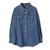 MIDJ Blusen Damen,Damen Denim Hemdjacke Jeansbluse Verstellbare Taille Tunika V-Ausschnitt Blaues Revers Businesshemd Lange Laternenärmel Knopf Pullover Übergangsjacke für Mädchen,Hellblau,L
