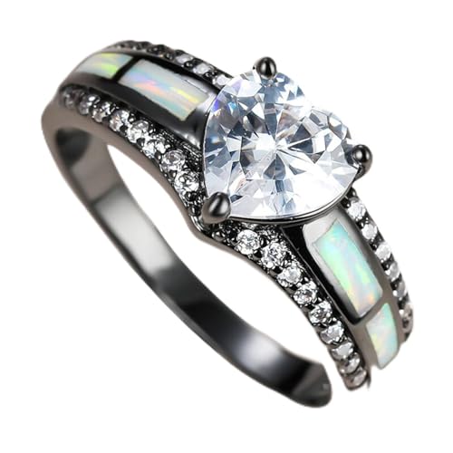 STOPI Bonito Anillo De Cristal con Corazón De Amor para Mujer, Anillos De Boda Grandes De Oro Negro para Mujer, Anillo De Compromiso De Piedra De Ópalo Blanco De Lujo