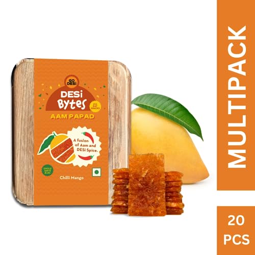 Image of Go Desi Mango Fruit Bars, Chilli Mango, 20 Bars, Aam Papad, Spicy Fruit Roll-Ups, Individually wrapped, Fruit Candies, Fruit Snacks, No Preservatives, No Artificial Flavour, No Colour