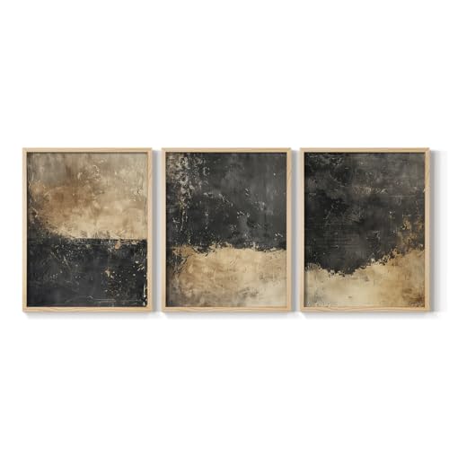 Renditions Gallery Set of 3 Peel & Stick Framed Prints, Abstract Wall Art, Beige Black Design Wall Decor, Re-Stickable - Ready to Hang - 8"x10" - Natural Frame LT597