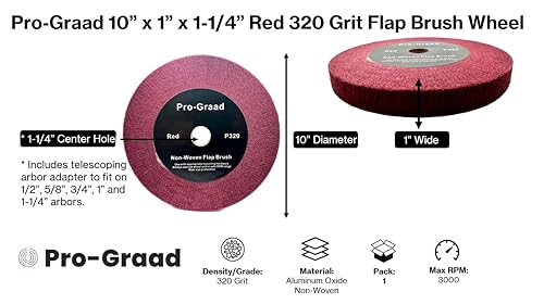Image of 10 inch x 1 inch x 1-1 /4 inch Red Bench Grinder Polishing Wheel Flap Brush, 320 Grit, Tight Weave, Great for refurb of Golf Clubs and Metal, Non-Woven Wheel for Copper, Metal, Finishing, and Burnishing