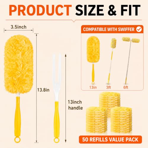 Image of Duster Refills for Swiffer Duster, 50 Count Heavy Duty 2 Side 360 Dusters Refill Kit with 1 Handle, 4X Microfibers, Disposable Multi-Surface Duster for Cleaning Furniture Blinds Ceiling Fan
