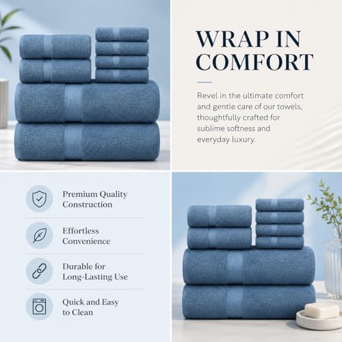 Image of Sulfar 100% Combed Cotton, 8 Pcs Towel Set - 2 Bath Towels (70 x 140 cm), 2 Hand Towels (40 x 70 cm) and 4 Face Towel (30 x 30 cm) (600 GSM, Pack of 8) Dark Blue