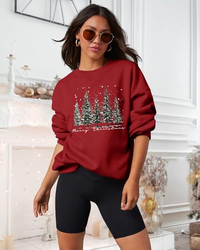 Image of PECHAR Christmas Tree Sweatshirts Women Pine Tree Print Shirts Nature Lover Gift Casual Tee Long Sleeve Xmas Pullover