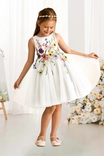 Tulle Flower Girl Dress with 3D Flowers Scoop Neck Bow Knot Birthday Wedding Pageant Formal Midi Satin Dresses2