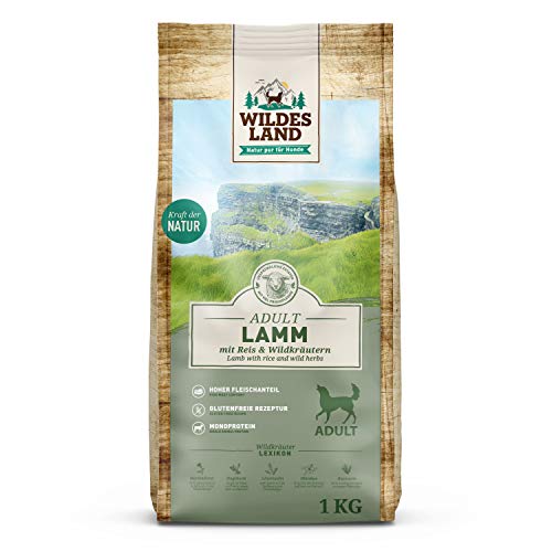 Wildes Land - Nr. 1 Lamm - 1 kg - mit Reis und Wildkräutern - Glutenfrei - Trockenfutter für Hunde - Hundefutter mit hohem Fleischanteil - Für alle Hunderassen - Hohe Verträglichkeit