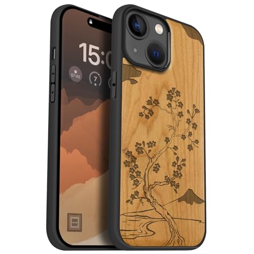 Coque iPhone 15 Magsafe en bois de cerisier gravé Mont Fuji