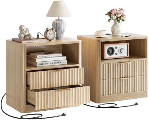 IRONCK Fluted Night Stand, Modern Nightstand with Charging Statio...