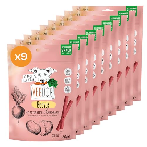 VEGDOG Beevys hypoallergener Snack für Hunde (9 x 80 g) | leckeres Aroma mit Buchenholz Rauch |Belohnungssnack für Allergiker mit Roter Beete und Reis