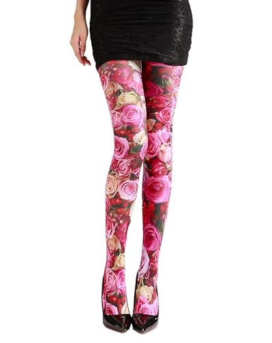Sahabowi Women's Beautiful Flower Park Colorful Tights, Cartoon Strawberry Pantyhose with High Waistband Soft (LW2025091518, coloful pink rose)