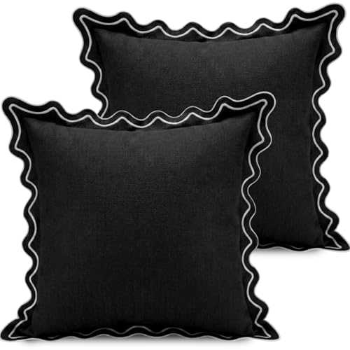 Novabright 2 Pack Outdoor Waterproof Pillow Covers Decorative Farmhouse Garden Pillowcase Scalloped Throw Cushion Cases for Patio Porch Tent Sofa Living Room Decor (Black 18 x 18 Inch)