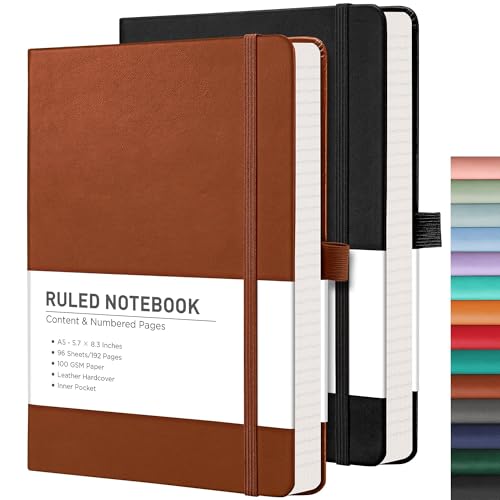 RETTACY Lined Journal Notebook, 2-Pack, 192 Numbered Pages per Pack, A5 Medium Size (5.7'' x 8.3''), for Men & Women, Writing, Work, Leather Hardcover, 100 GSM Thick Paper (Black & Brown)