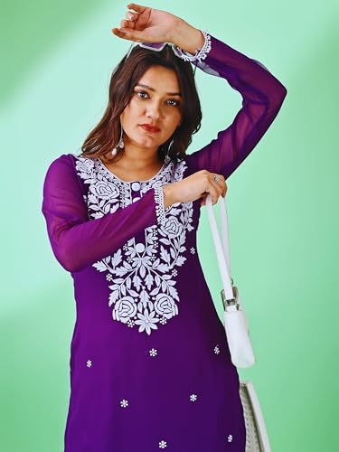 Image of HESVI Women's Georgette White Lakhnavi Chikankari Kurti with Intricate Embroidery Work