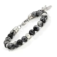 SAGA GIOIELLI® Bracciale Uomo Donna - Unisex con pietre dure in ossidiana fiocco di neve Aulite Turchese - Lunghezza 18,5-22 cm - Confezione regalo - Unisex (OSSIDIANA OCCHIO DI NEVE)
