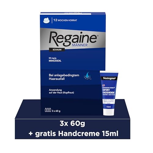 REGAINE Männer Schaum: 3-Monatspackung mit 50 mg/g Minoxidil stoppt erblich bedingten Haarausfall bei Männern und regt das Haarwachstum an 3 x 60 g + Neutrogena Mini Handcreme