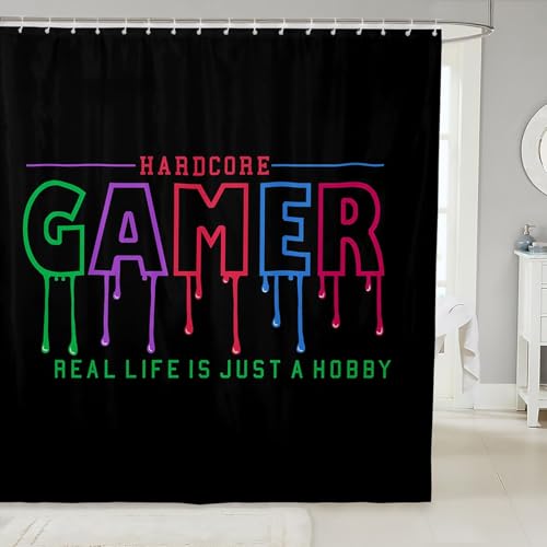 Image of Gamer Bath Curtain for Boys Teens Girls Children Kids Colorful Gaming Cloth Fabric Bathroom Decor Video Game Shower Curtain Novelty Modern Player Waterproof Shower Curtains Set with Hooks 72x78 Inch