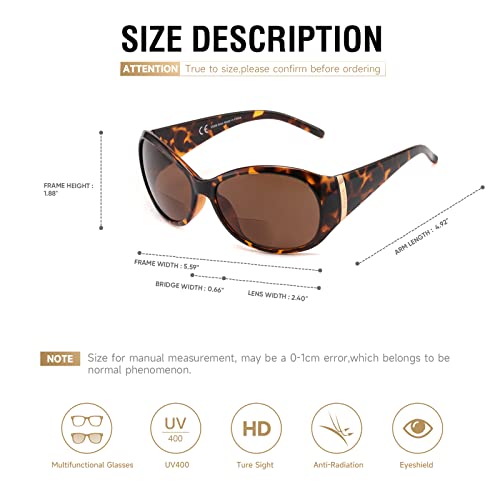 Skyoak Brilliant 2 Pack Bifocal All-Round Wrapping Reading Sunglasses For Women Outdoor Driving/Photographing/Reading Uv 400 Protection Classic Sun Readers Fit For All Face(1 Tortoise& 1 Black) +2.5 #TOP4