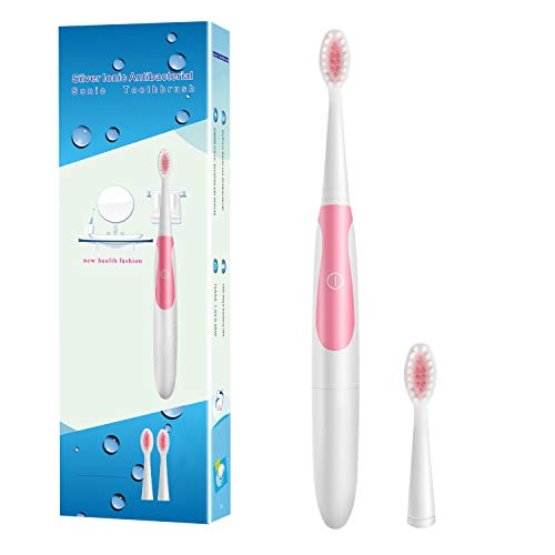 Electric Toothbrush with 2 Replacement Brush Heads, IPX7 Waterproof Sonic Toothbrush by Battery Powered (Pink)
