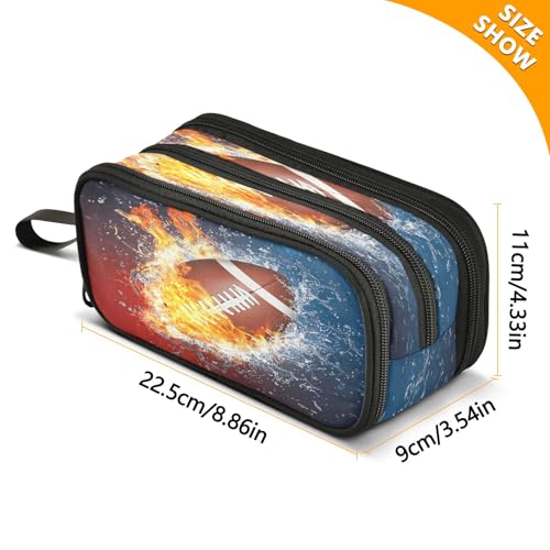 Image of American Football Fire Water Pencil Case 3 Compartment Pen Bag Pouch Holder Box School Portable Stationery Storage Bag for Girls Boys