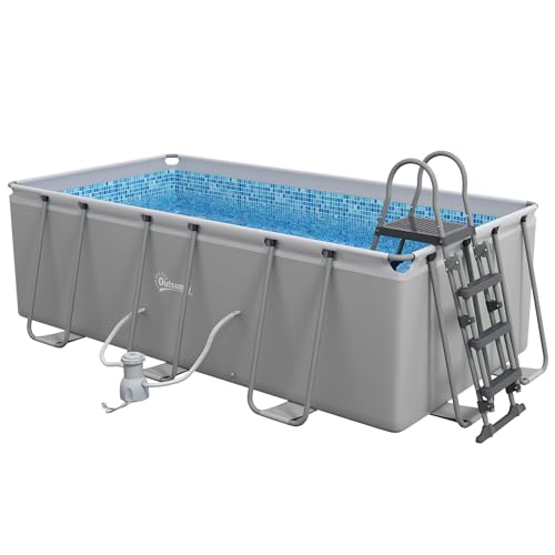 Outsunny Steel Frame Swimming Pool with Filter Pump and Ladder with Removable Steps, Above Ground Swimming Pool, Rectangle Paddling Pool, 400 x 207 x 122 cm, Grey