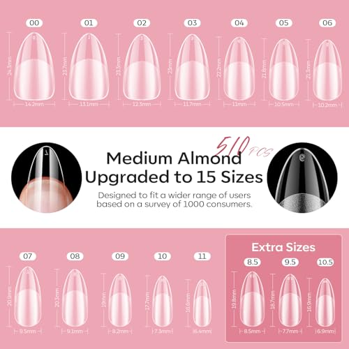 Image of modelones X Nail Gel Kit , Solid Glue Prep Dehydrator UV Light Clipper | 510Pcs Nail Tips Almond Upgrade 15Sizes Medium Almond Press on Tips Etch for Easy Extension DIY Women Gift