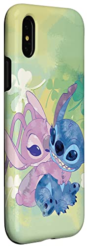 Coque iPhone X/XS Stitch et Angel cadeau Disney trèfle vert