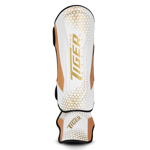 Tiger Pro Shin Guards MMA, Muay Thai, Kickboxing, Leg Instep Protection Pads, Kicking, Sparring, Training Gear, Karate, Boxing, Taekwondo - Unisex - Black and White Colors (White/Gold, X-Large)