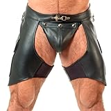 Wintex International Men's Real Cowhide Leather Unique Style Leather Shorts/Leather Chaps with Detachable Jock Strap (as1, waist, numeric_30, regular) Black