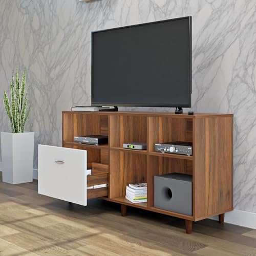 Image of VIKI Modern TV Unit for Living Room | Engineered Wood TV Cabinet with 1 Drawer Storage & 3 Open Shelves,Entertainment Unit, 140W x 74H x 40D cm | DIY | 1 Year Warranty (Walnut & White)