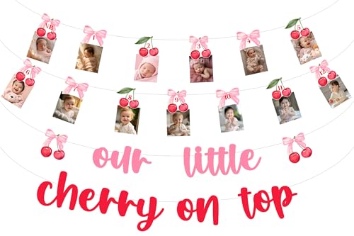 Bannière de fête prénatale Our Little Cherry on Top pour premier anniversaire fille rose