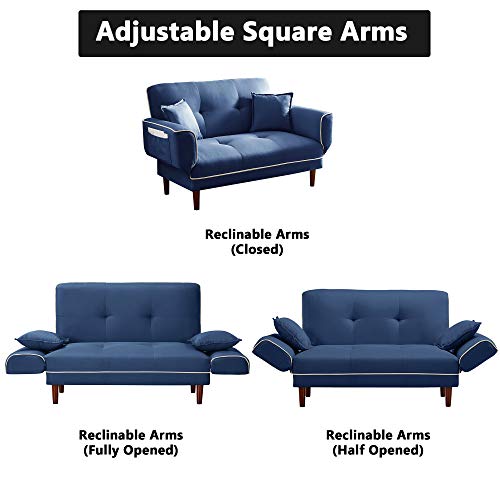 Convertible Futon Sofa Bed With 2 Pillows, Loveseat Sleeper Sofa Futon Couch, Recliner Couch With Adjustable Armrest And Wood Legs, Living Room Sofa With 5-Angle Backrest For Small Space (Navy Blue) #TOP5