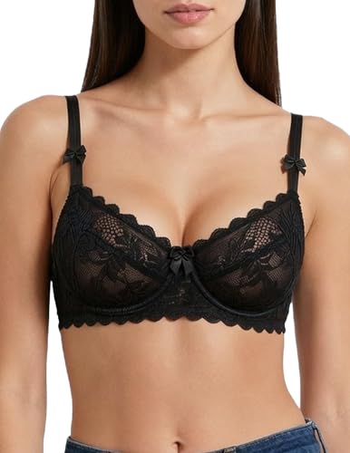 Avidlove Women's Sexy Lace Bra Balconette Underwire Unlined Sheer Mesh Bras S-XXL Black