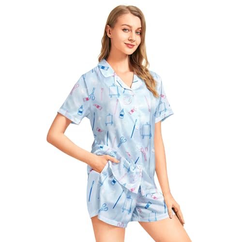 Image of Funny Pajamas for Women Set Print Satin Loungewear Pjs Short Sleeve Button Down Top and Shorts Sets Sleepwear XS-3XL