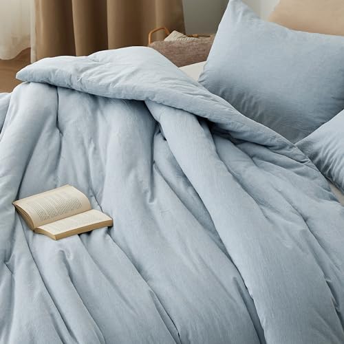 Image of Bedsure Comforter Set King Size - Cotton Fabric with Microfiber Inner Fill, Mineral Blue PureWoven Soft Bed Set for All Seasons, 3 Pieces, 1 Comforter (104 inch x 90 inch) and 2 Pillow Cases (20 inch x 36 inch)