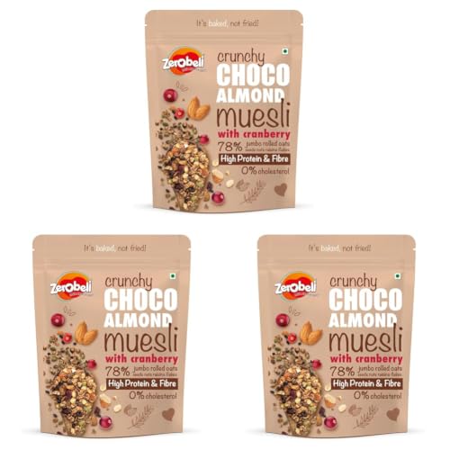 Image of Zerobeli Dark Chocolate Almond Muesli 425g - Rich in Almonds, Pumpkin Seeds Antioxidants, and Cranberry |100% Wholegrain | High in Protein and Fiber | Multigrain Breakfast Cereal (Pack of 3)