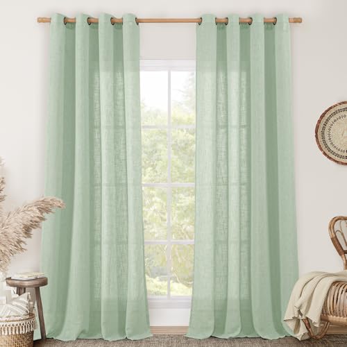 Image of LAMIT 95 Inches Long Fresh Green Linen Curtains for Living Room, Bronze Grommet Linen Textured Curtains Light Filtering Boho Drapes for Bedroom /Dining Room, Set of 2, 52 x 95 Inch