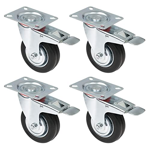 HMF 6790 Schwerlastrollen mit Bremse aus Vollgummi | 4 Stück | 100 mm | bis 280 kg | Schwarz
