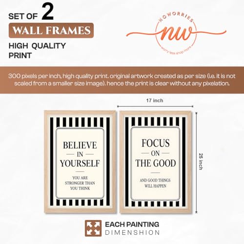 Image of NoWorries Motivational Wall Art Framed Set of 2 | Inspirational Quotes Prints with Frames | Black & White Positive Affirmation Artwork Paintings Decor for Office, Bedroom & Living Room (Art-19, 17x25inch)