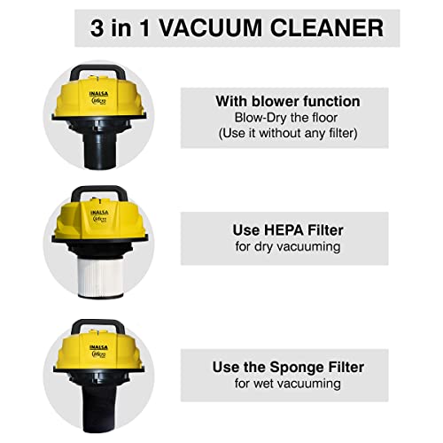 INALSA-Vacuum-Cleaner-Wet-Dry-15L-1400W-with-Steel-Tank-Micro-WD15-with-3in1-Multifunction-WetDryBlowing-and-Hepa-FiltrationPowerful-Suction-High-Energy-Efficiency-Low-Sound-YellowSilver
