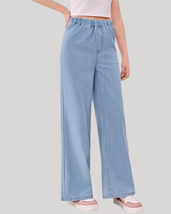 Image of ADBUCKS Girl's Stretch Denim Wide Leg Jeans Comfort Fit with Elastic Waistband, Straight Cut, Casual Style for All Seasons, Versatile Clothing