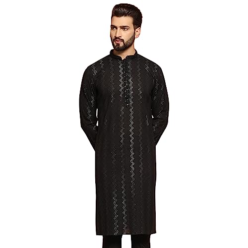 Image of KISAH Men Black Kurta, Cotton, Full Sleaves, Knee Length, Straight, Regular Fit, Mandarin Collar Ethnic Wear, 40