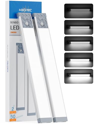 HIBOITEC Schrankbeleuchtung Led Bewegungssensor, 50LED Dimmbar Unterschrank Beleuchtung Küche, USB-C Unterbauleuchte Küche Led Akku, Schranklicht mit Für Kleiderschrank, Weißes Licht, 25,5 cm