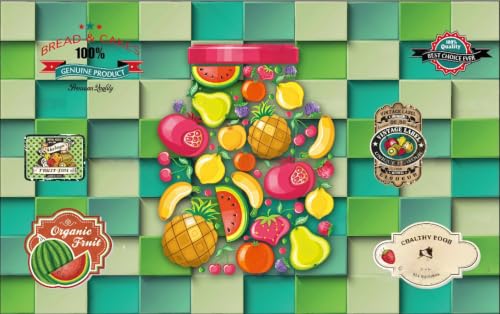 Papel tapiz de pared verde a cuadros y mural de cafetería estilo puesto de frutas 3D 5