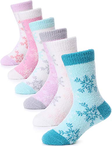 6 Pack Boys Girls Slipper Socks Anti Slip Design with Rubber Gripper Fuzzy Warm Soft Thick Heavy Fleece lined Christmas Stockings For Kid Child Toddler Winter Socks (8-12 Years,Snowflake)