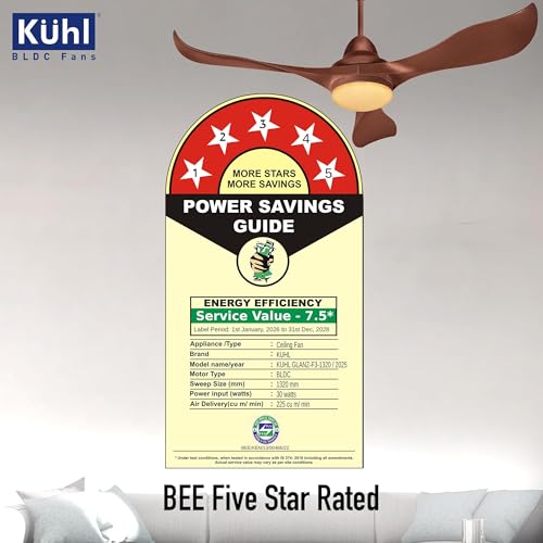 Image of KUHL Glanz F3 1320MM 65% Power Saving BLDC Ceiling Fan | BEE 5 Star Rated & ISI Marked | High Air Flow | 5Year Warranty on Motor By Brand |Free Installation | IoT Operate via Mobile & Alexa | Brown