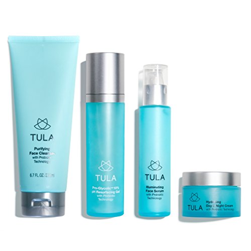 TULA Probiotic Skin Care Discovery Kit (Full-Size) | Face Wash, Day & Night Face Moisturizer, Illuminating Serum, Pro-Glycolic Resurfacing Face Toner for Glowing and Balanced Skinul Skin