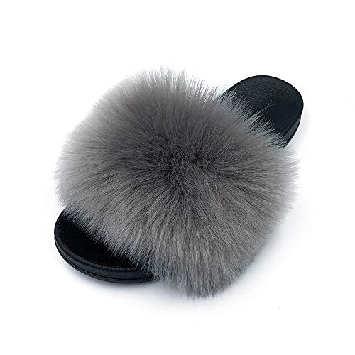 Image of Women's Faux Fur Slides Slippers Fluffy Fuzzy Sandals Open Toe Furry Slide Flip Flop Indoor Outdoor