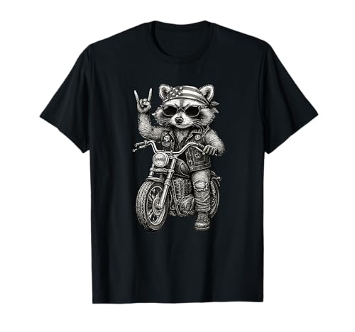 Patriotic Raccoon Lover Rock Sign Retro US Biker Racoon T-Shirt